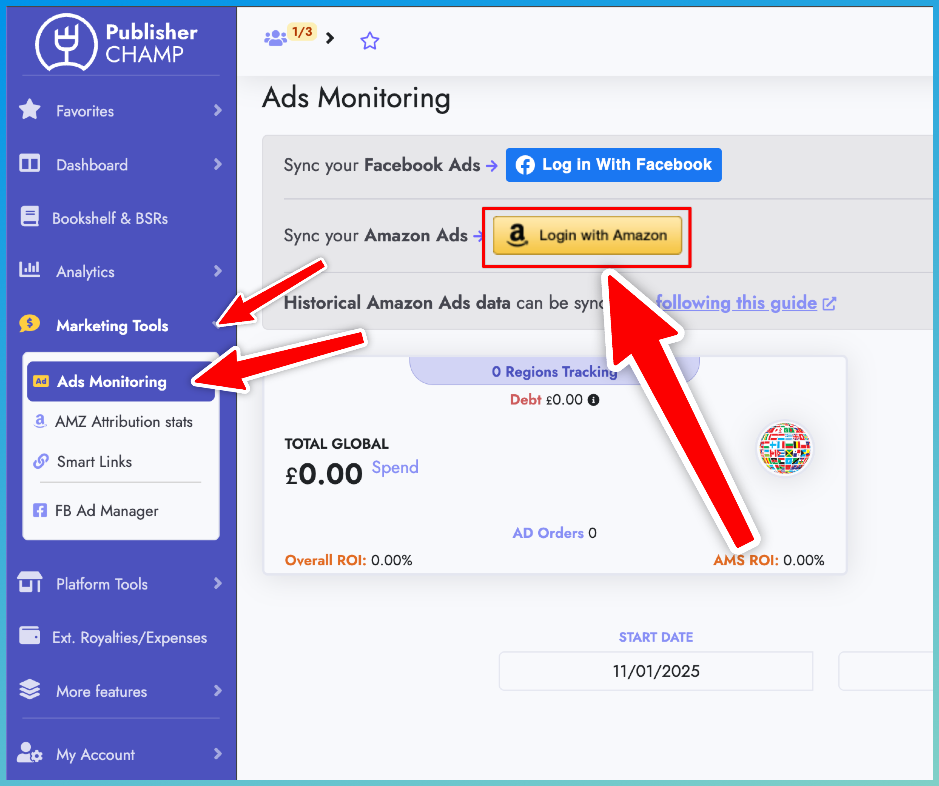 Login with Amazon button on Ads Monitoring page