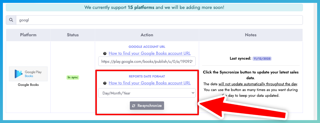 Paste Google Account URL to the correct field