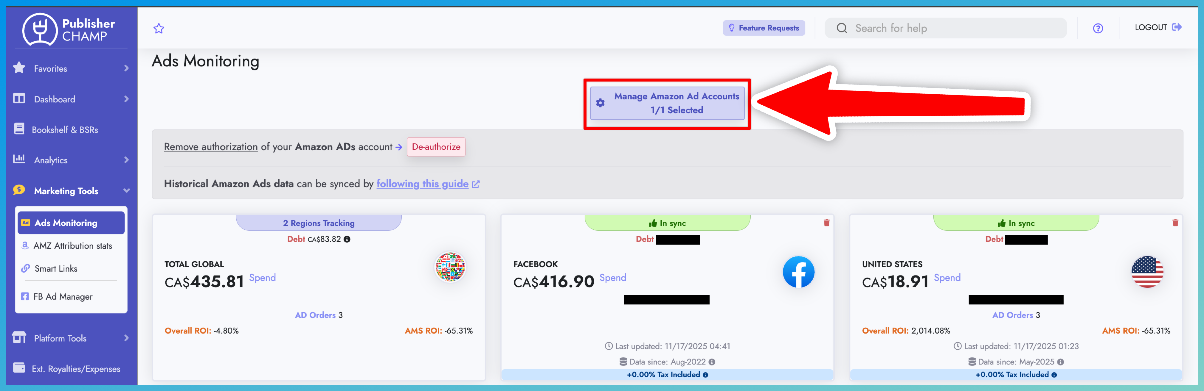 Manage Amazon Ad accounts button