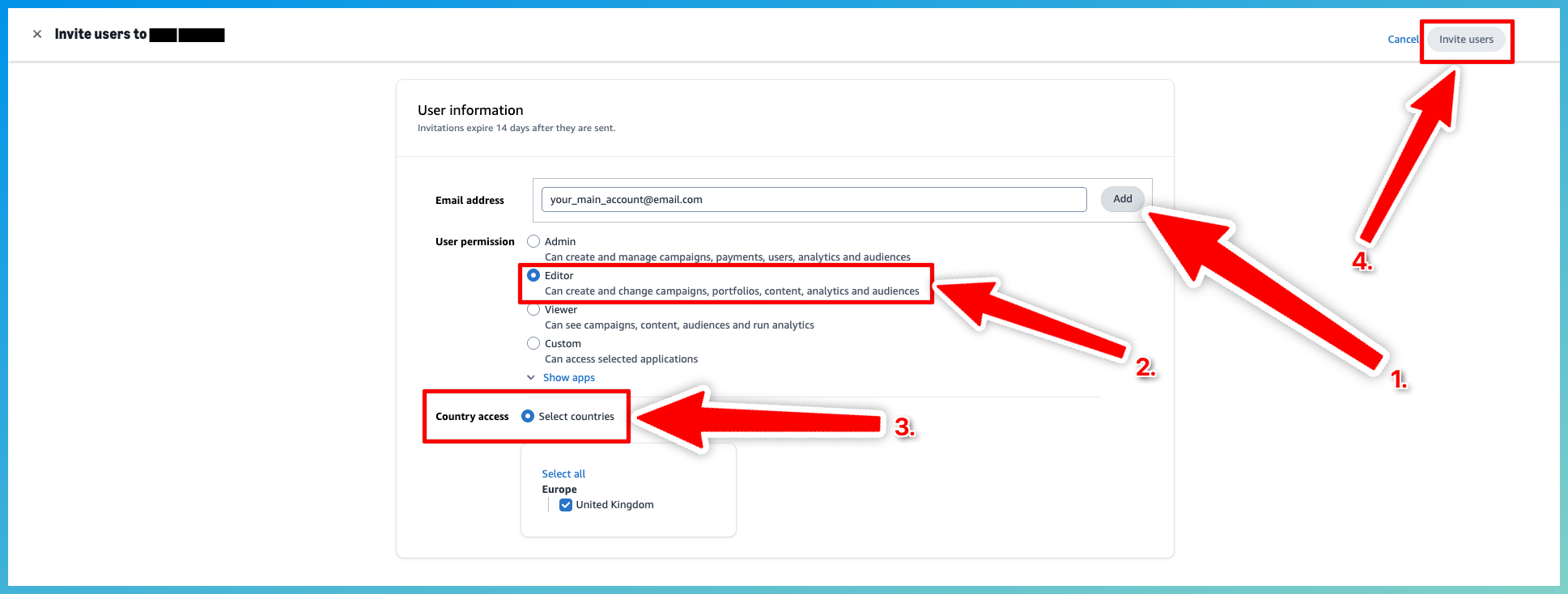 Invite User form for main account
