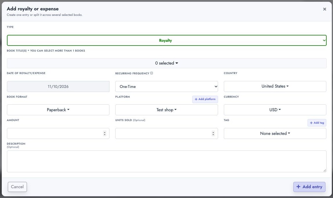 Current royalty form with a custom platform selected