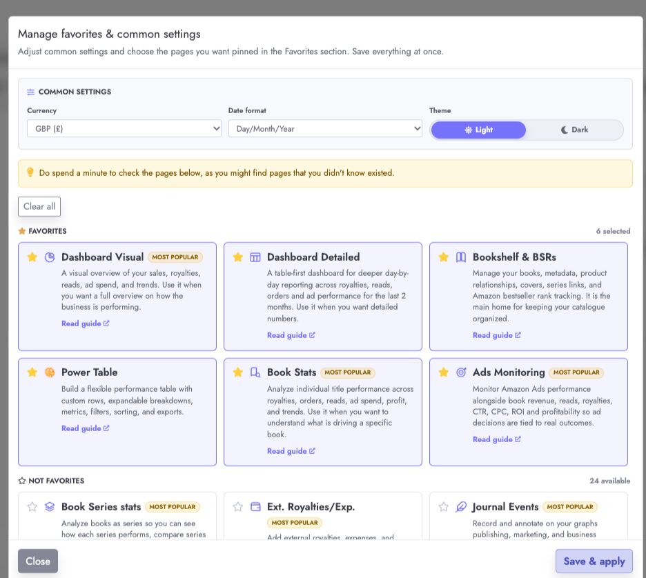 Manage favorites dialog with selected pages and Save & apply