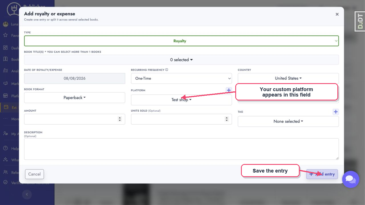 Current royalty form with a custom platform selected