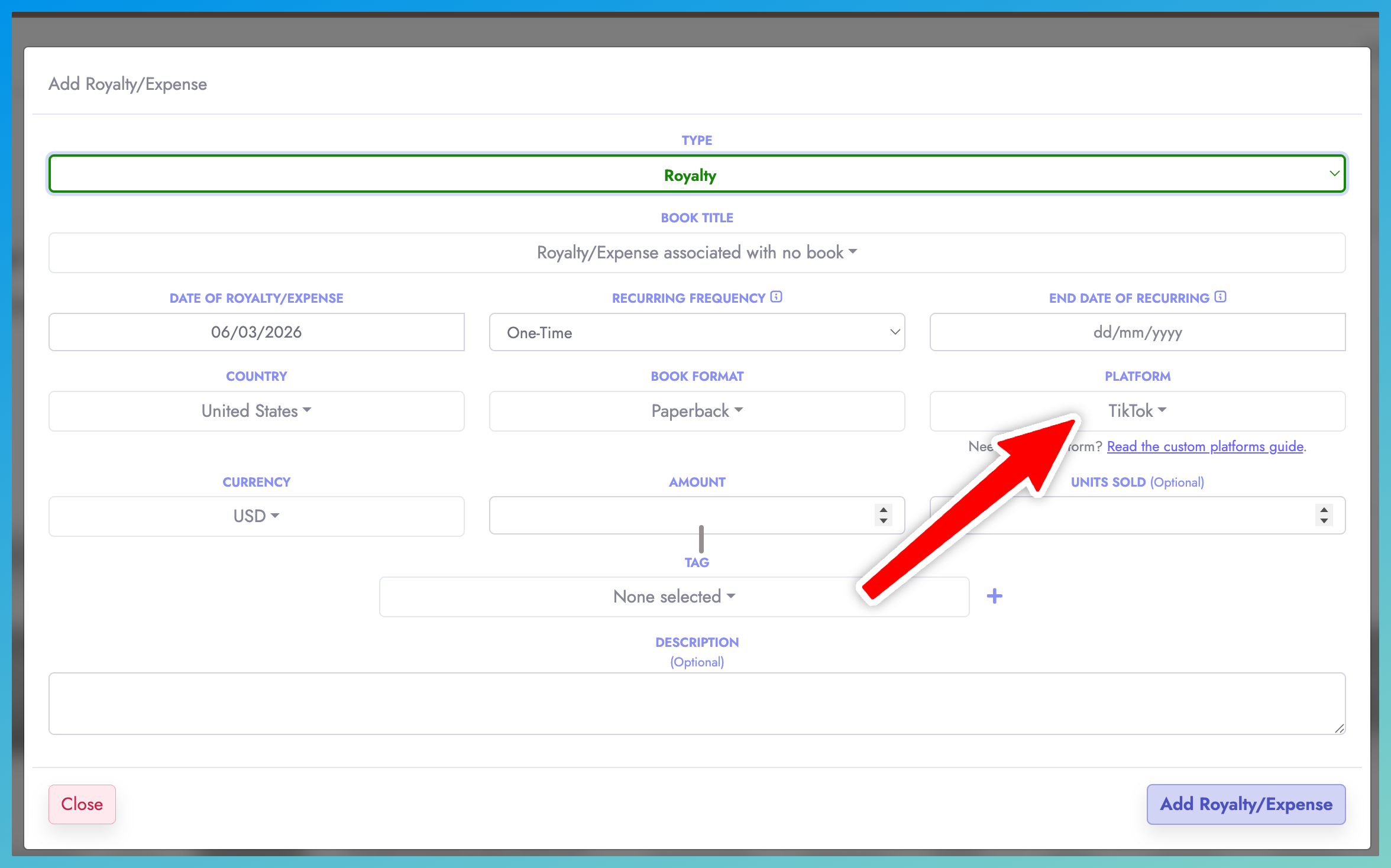 Custom royalty form with TikTok selected as platform