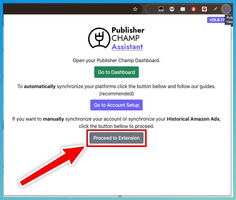 Welcome screen in Publisher Champ extension