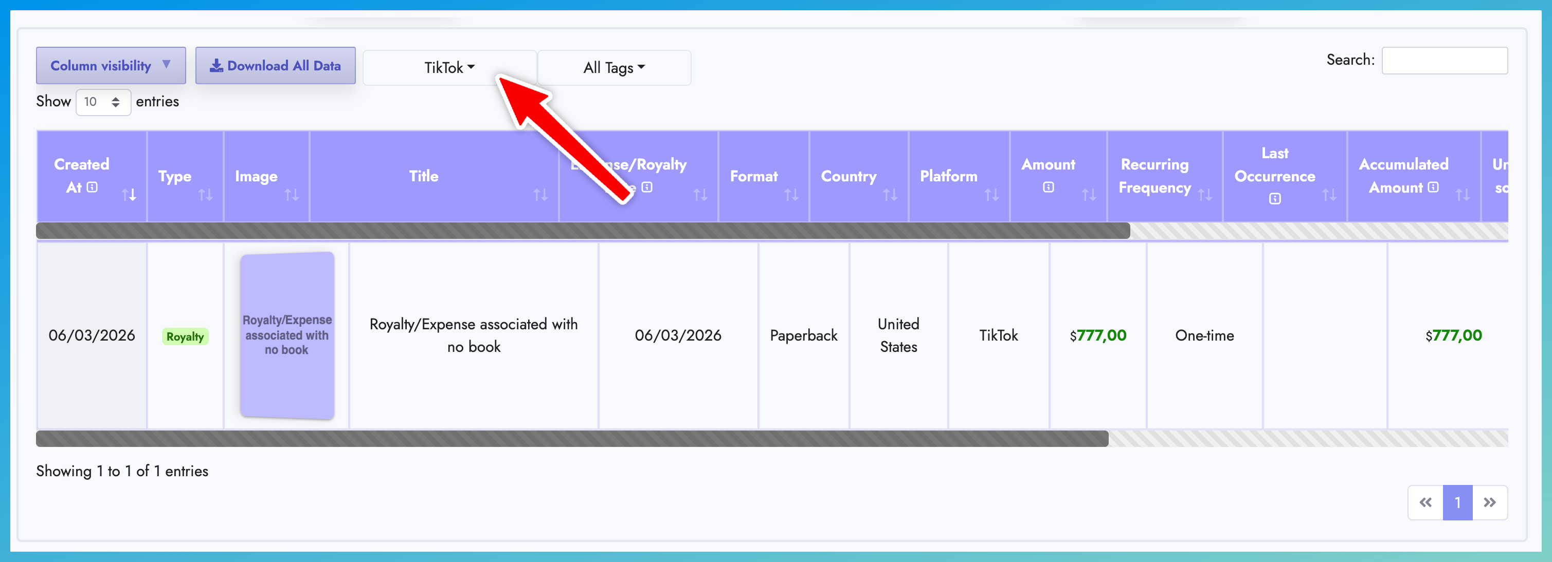 Platform filter with TikTok selected