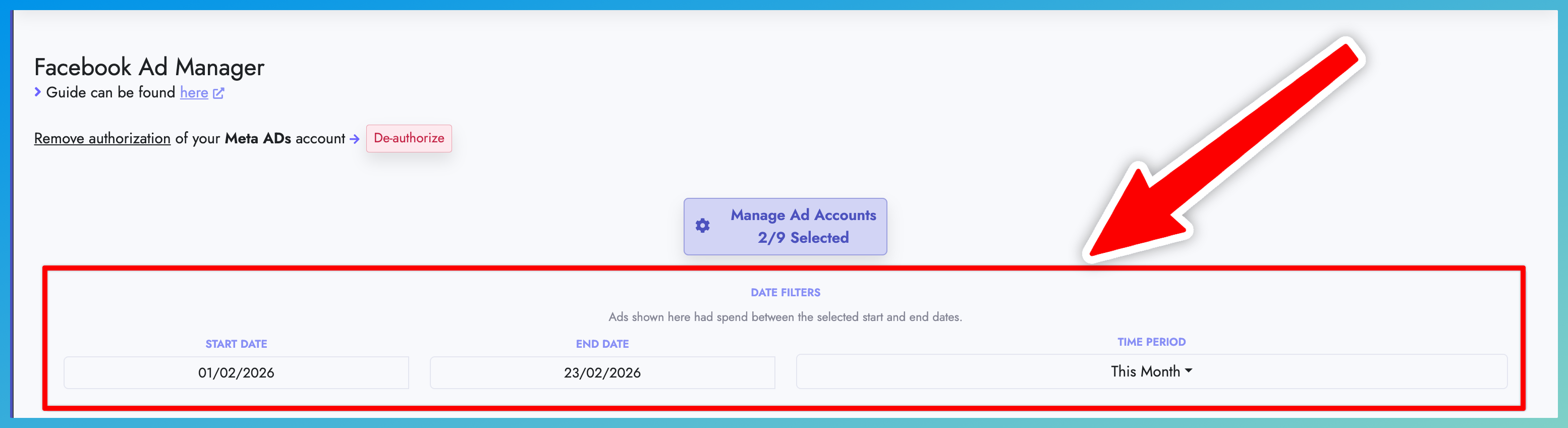 Date range and time period filters on FB Ad Manager