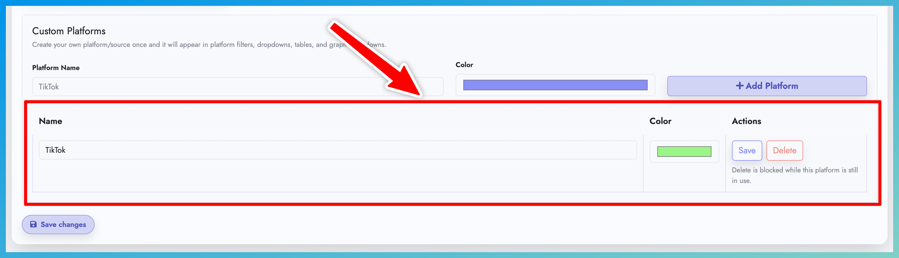 Edit custom platform name and color