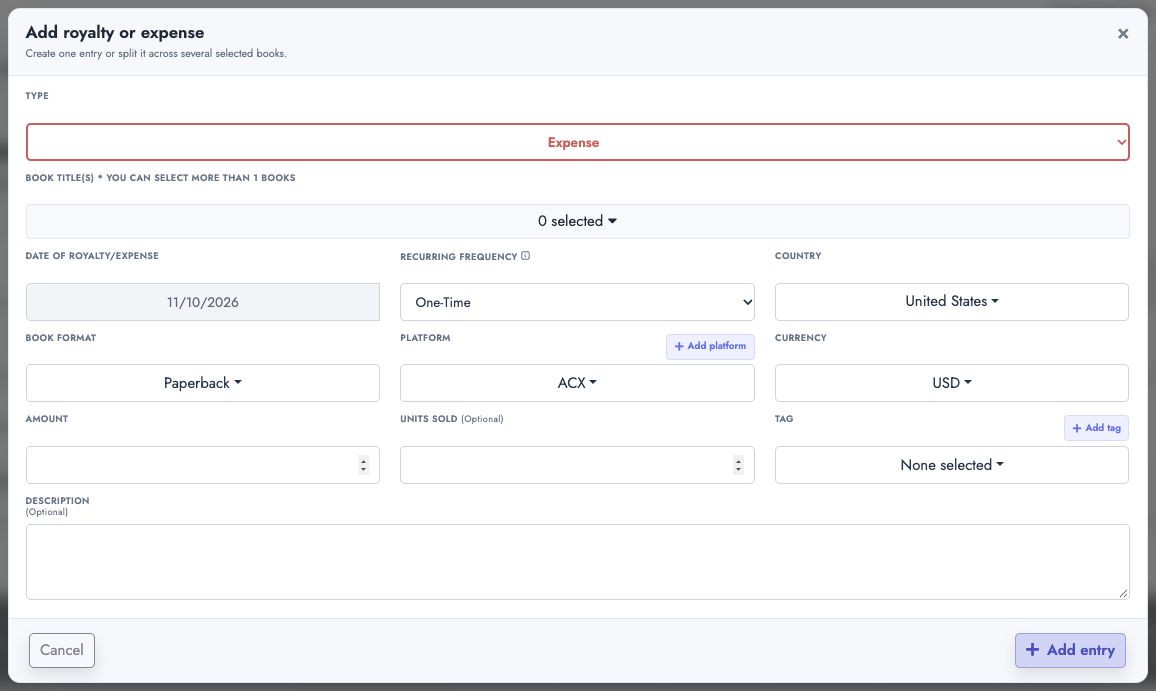 Fields used to add an external royalty or expense