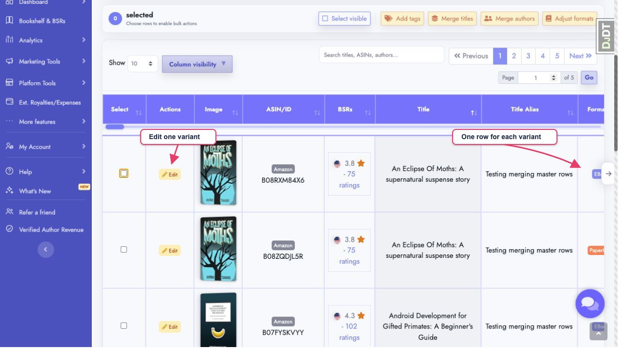 All variants shows one editable row for each format and platform