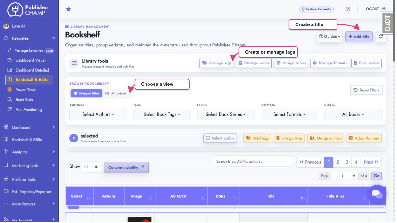 Bookshelf controls for choosing a view, managing tags, and creating a title