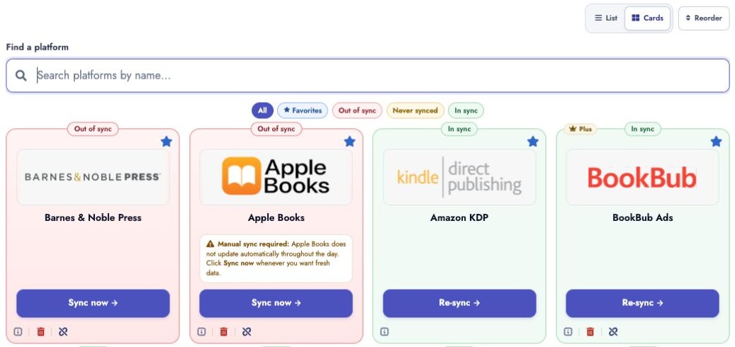 Platform cards with status badges, search and filters