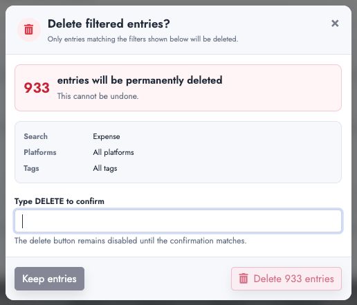 Review the filters and entry count before permanently deleting external records