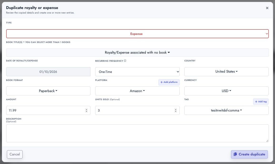 Review and create a duplicate external royalty or expense