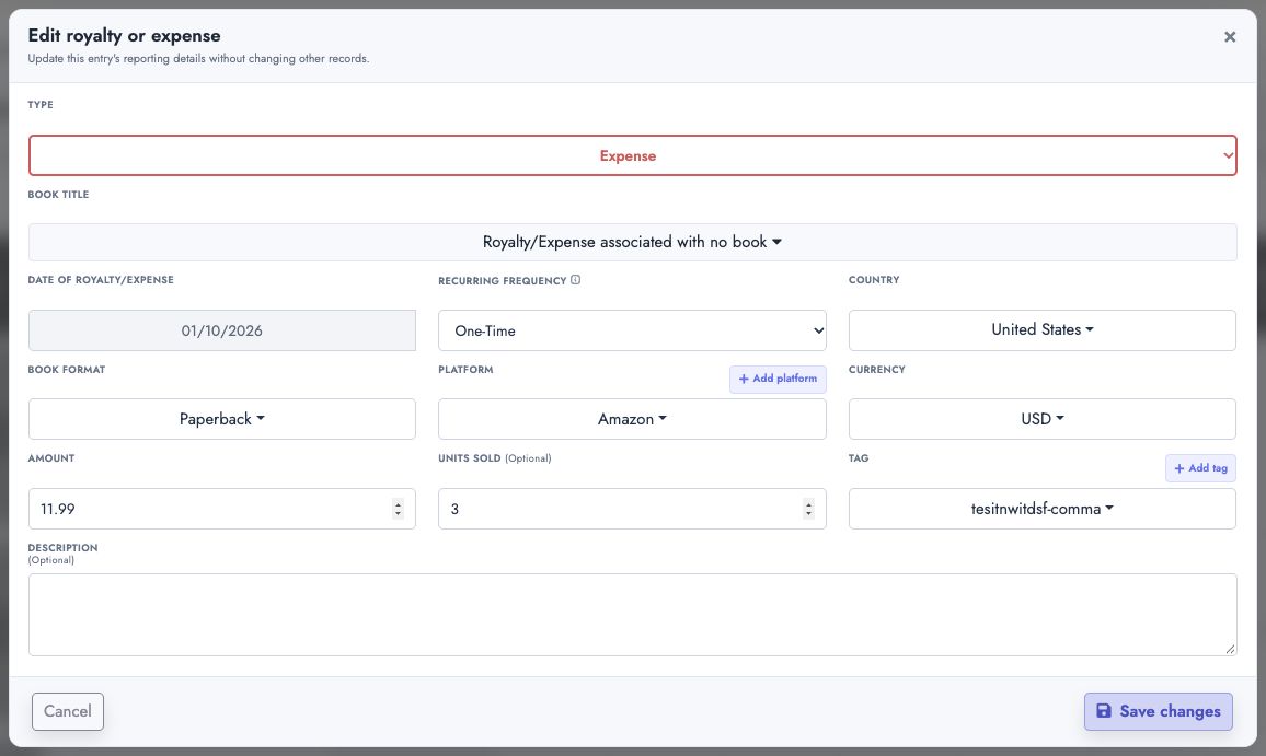 Update one external royalty or expense