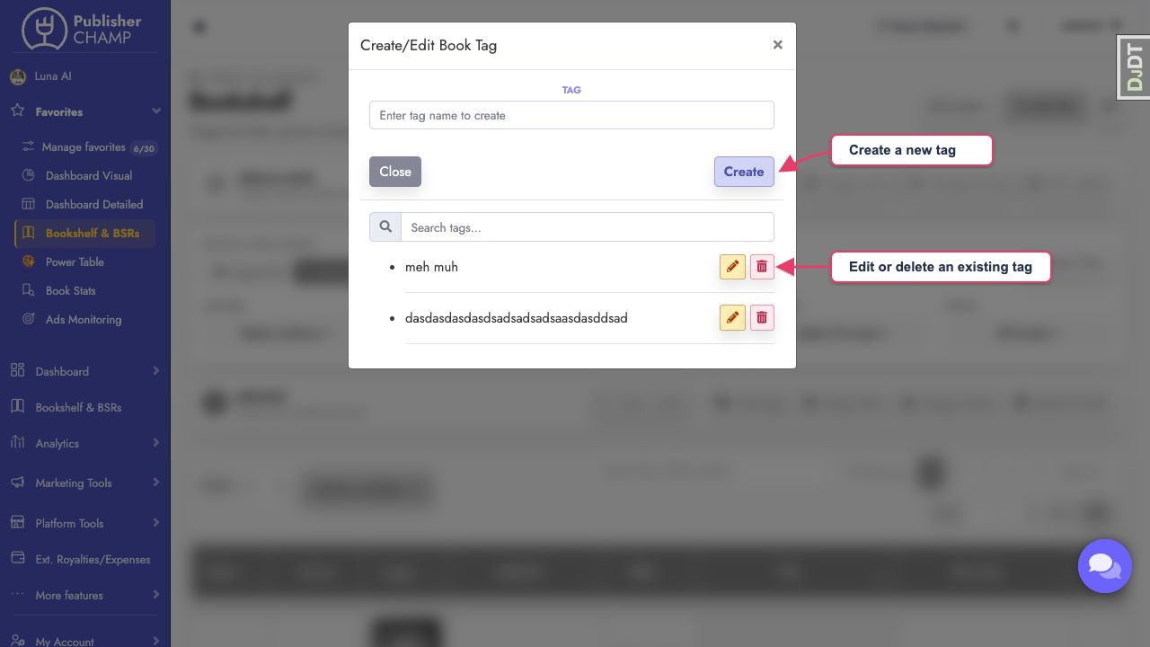 Create, rename, or delete reusable book tags