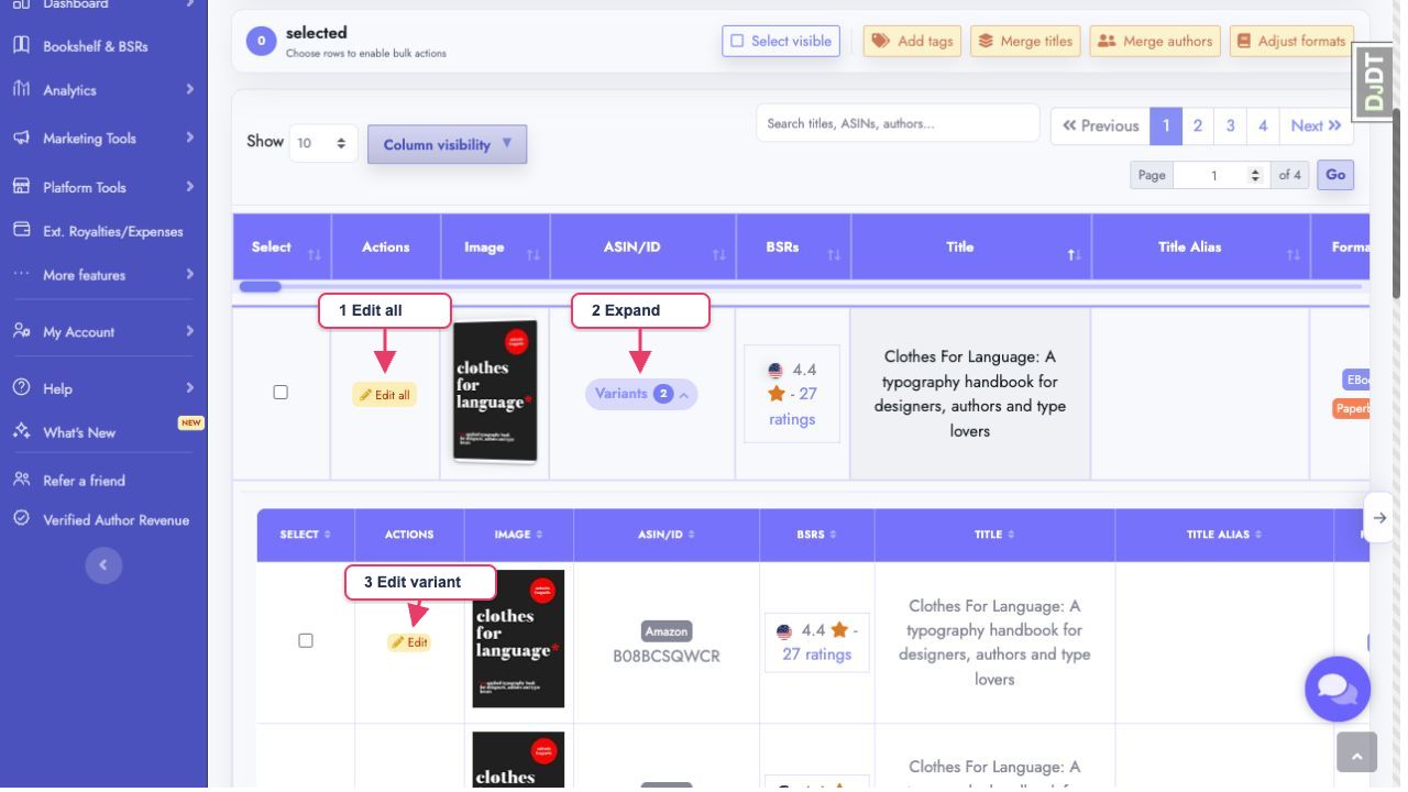 Expand a merged title and choose whether to edit shared details or one variant