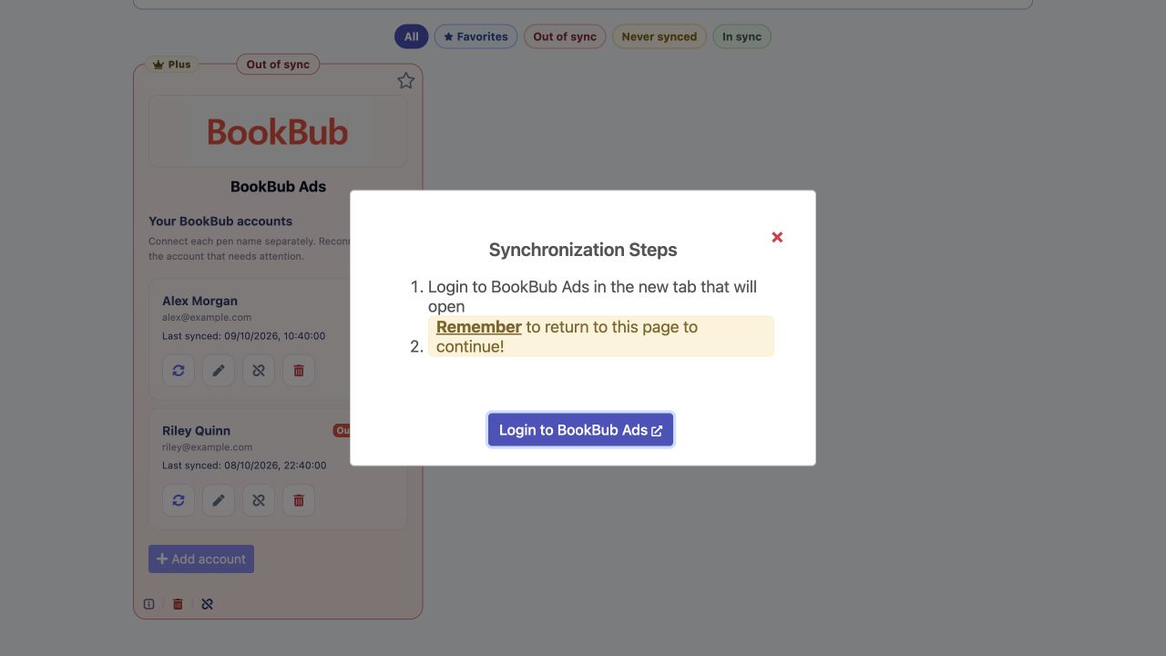 Login steps opened from one BookBub account's Re-synchronize button