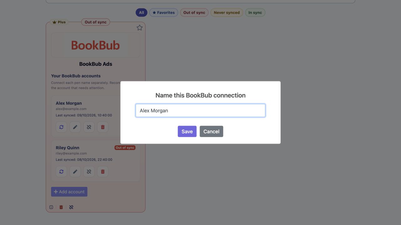Rename dialog for a BookBub connection