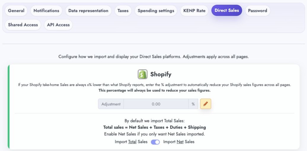 Shopify sales adjustment and import preferences in Direct Sales settings