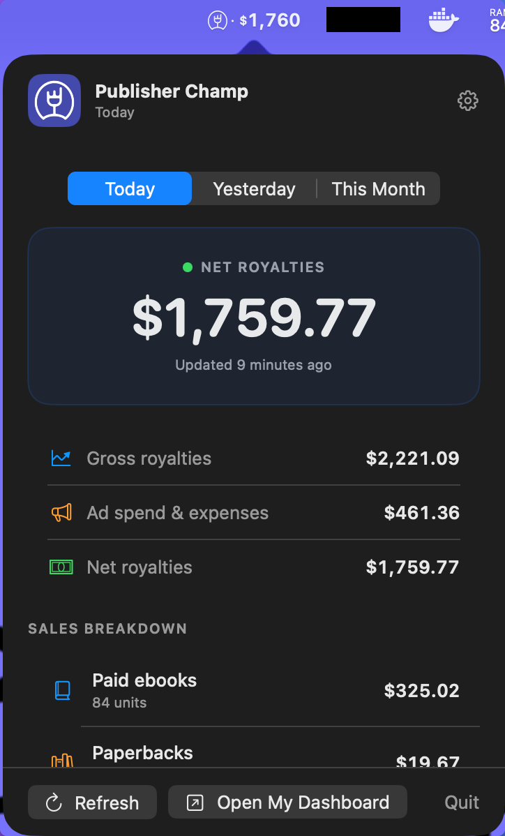 Publisher Champ for Mac showing today's net royalties, expenses, and sales by book format